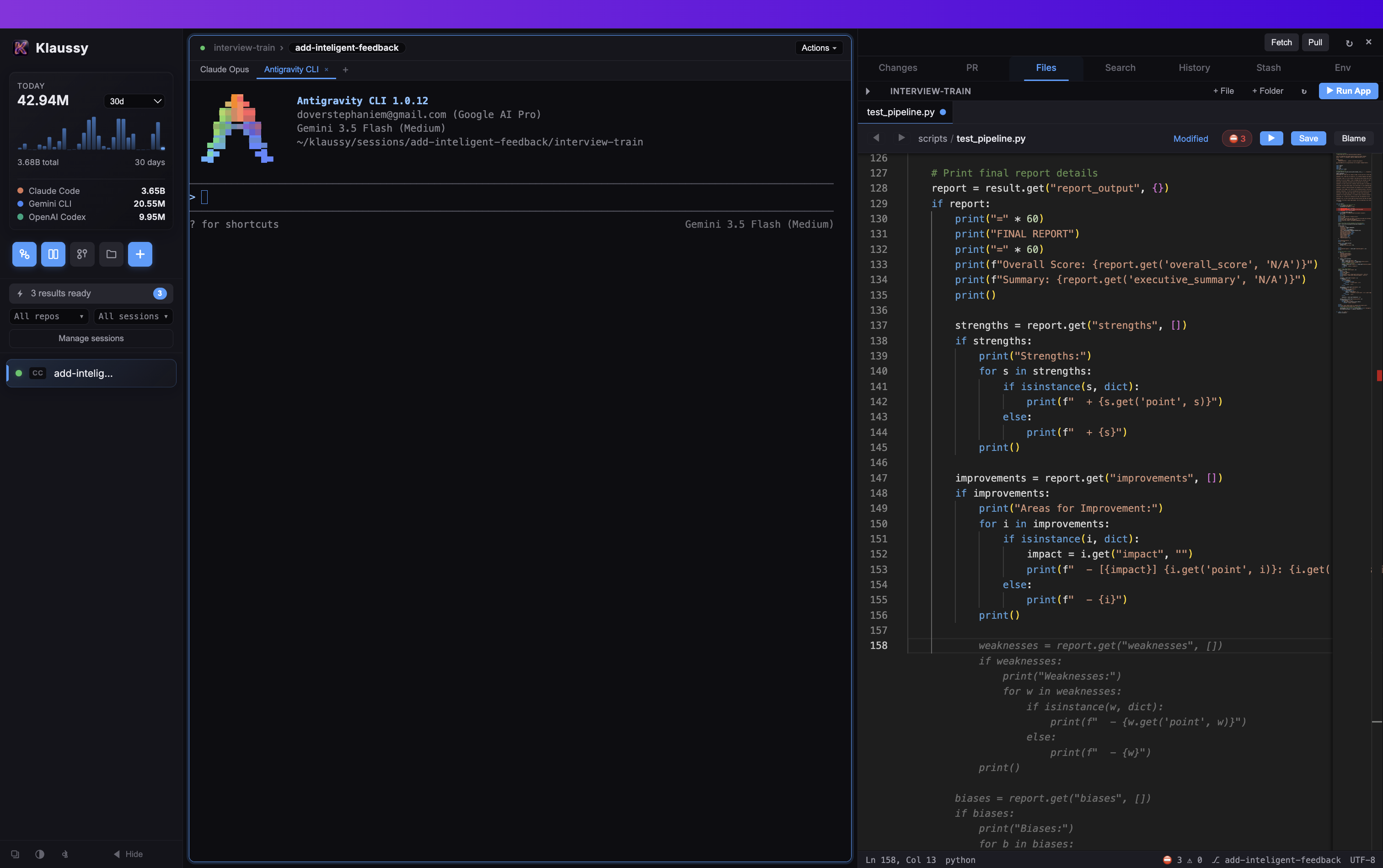 Klaussy with a Gemini CLI session on the left and the built-in code editor open on api.ts — with a minimap and inline diagnostics — on the right.