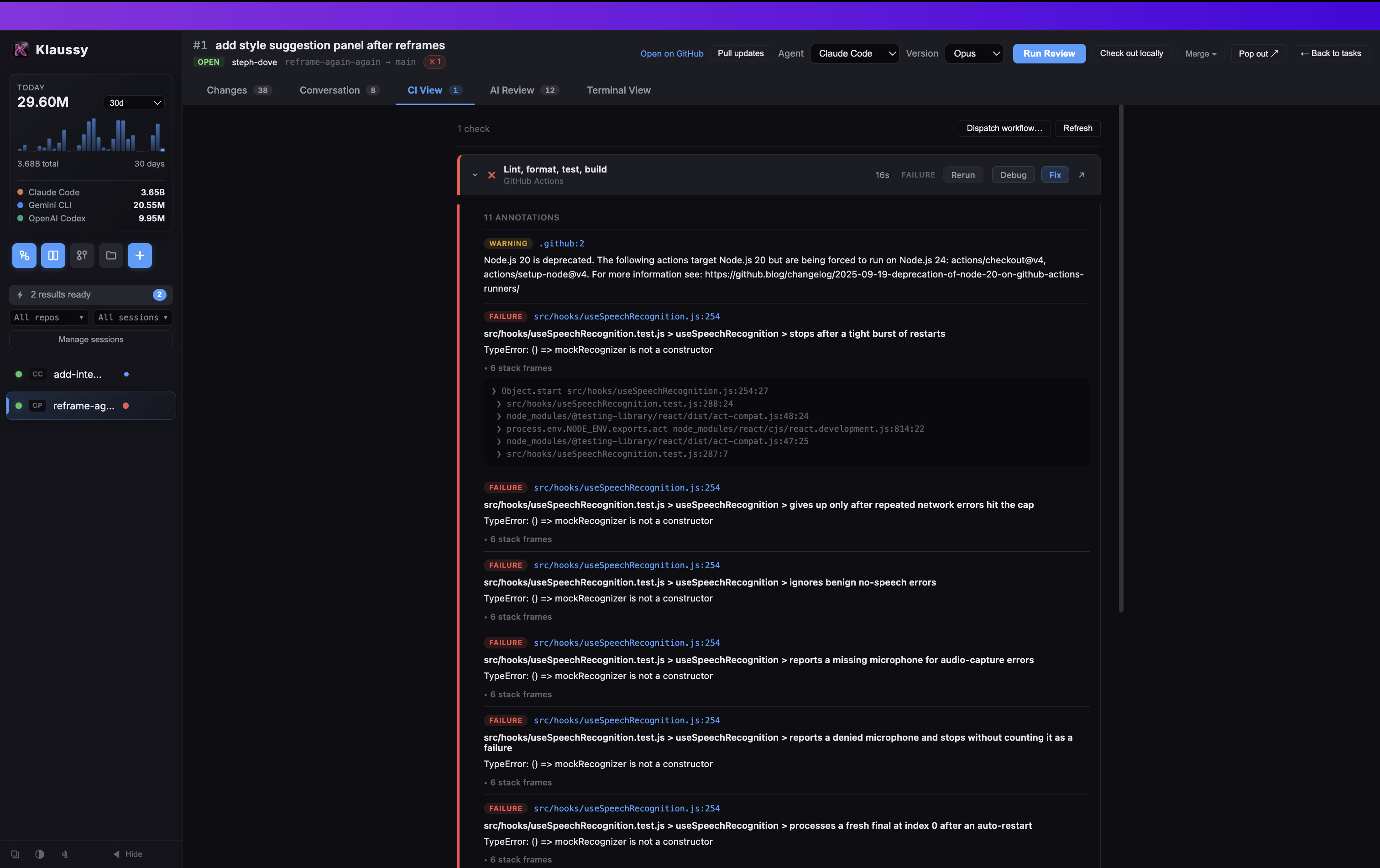 Klaussy's Checks tab showing 10 annotations for a failing 'Lint, format, test, build' run: a Node.js 20 deprecation warning, a 'Process completed with exit code 1' failure, and several test failures in src/hooks/useSpeechRecognition.test.js each with a 'TypeError: () => mockRecognizer is not a constructor' message and expandable stack frames.