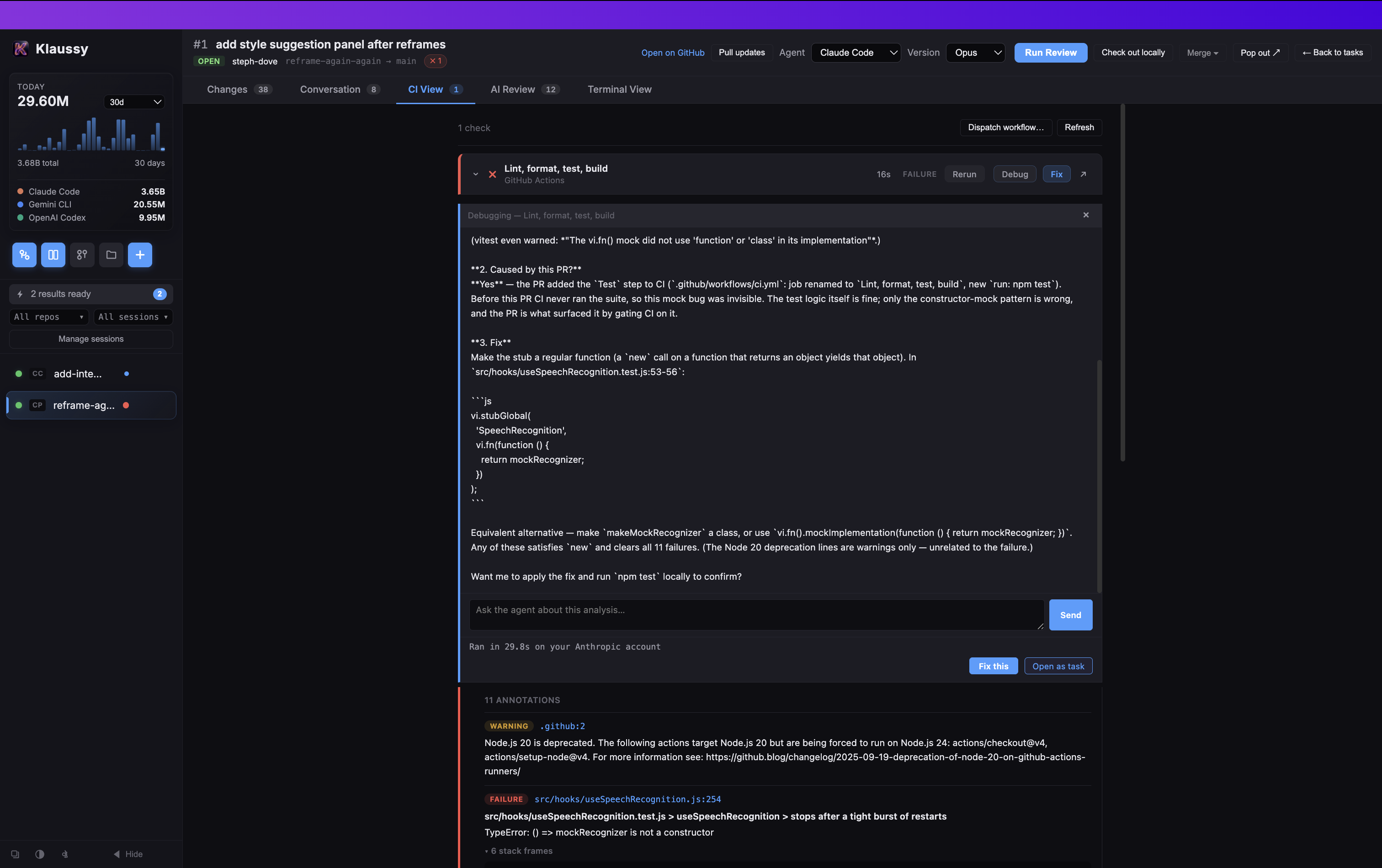 Klaussy's Checks tab on a failing 'Lint, format, test, build' run, with a Debug panel showing the agent's analysis and a concrete patch, a follow-up chat composer, and 'Fix this' and 'Open as task' buttons.