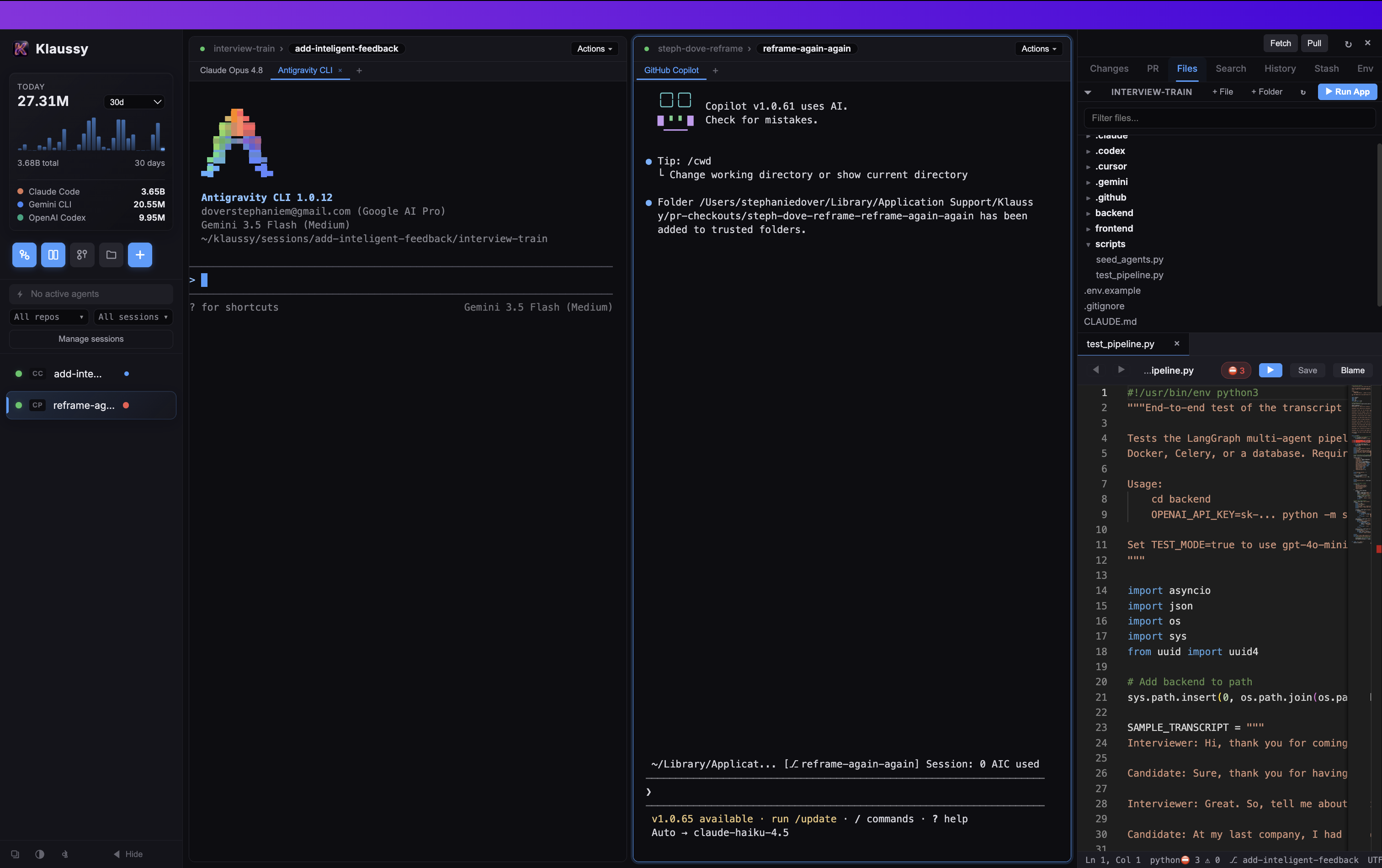 Klaussy running one session across two repos: an OpenAI Codex terminal on the left, a Claude Code terminal in the middle, and a Changes panel on the right showing a freshly generated CLAUDE.md with the repo's architecture, API routes, and tech stack.