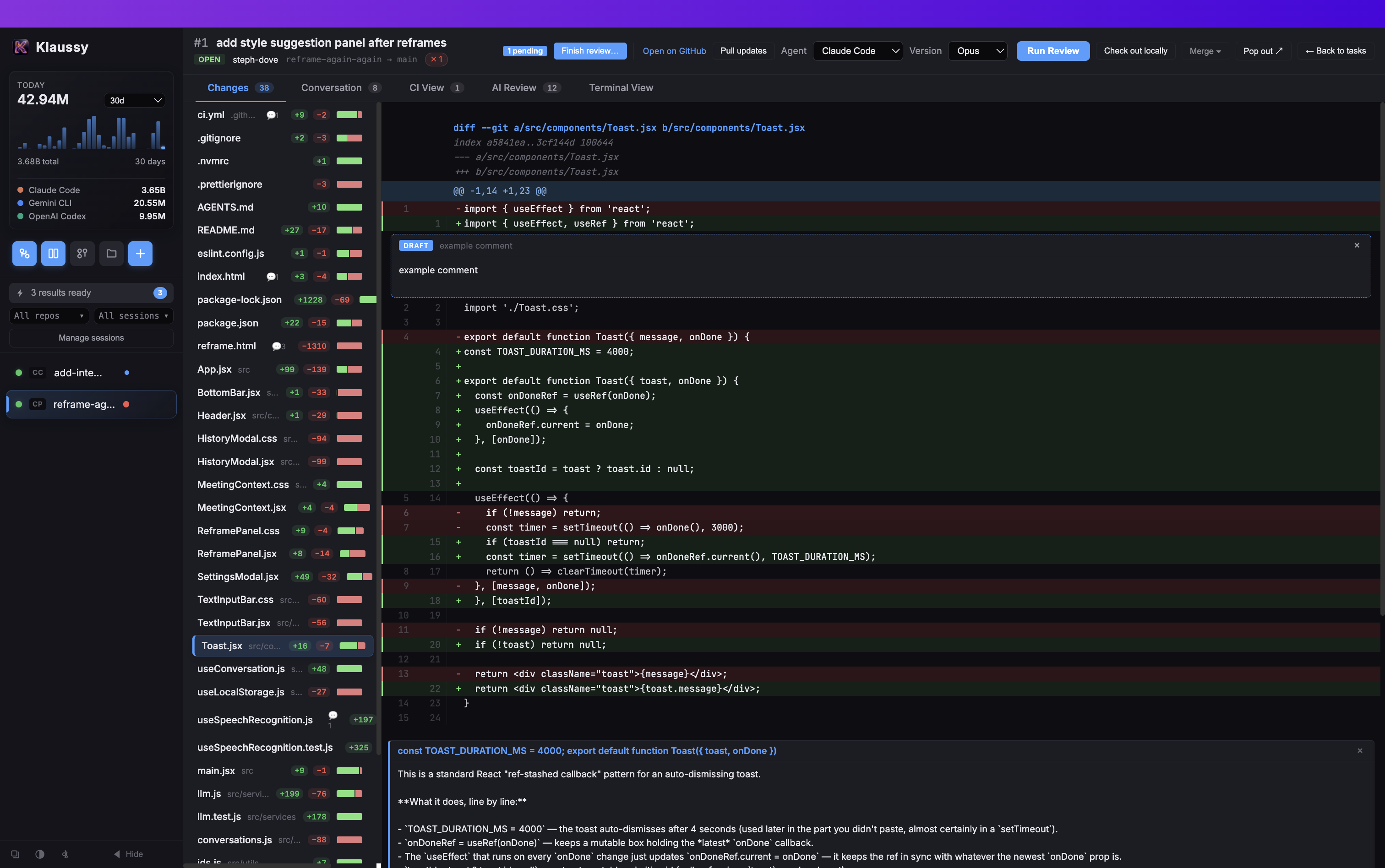 The Files tab of a pull request: the left rail lists 38 changed files with per-file plus/minus bars; the main pane shows the .github/workflows/ci.yml diff with an inline comment thread.
