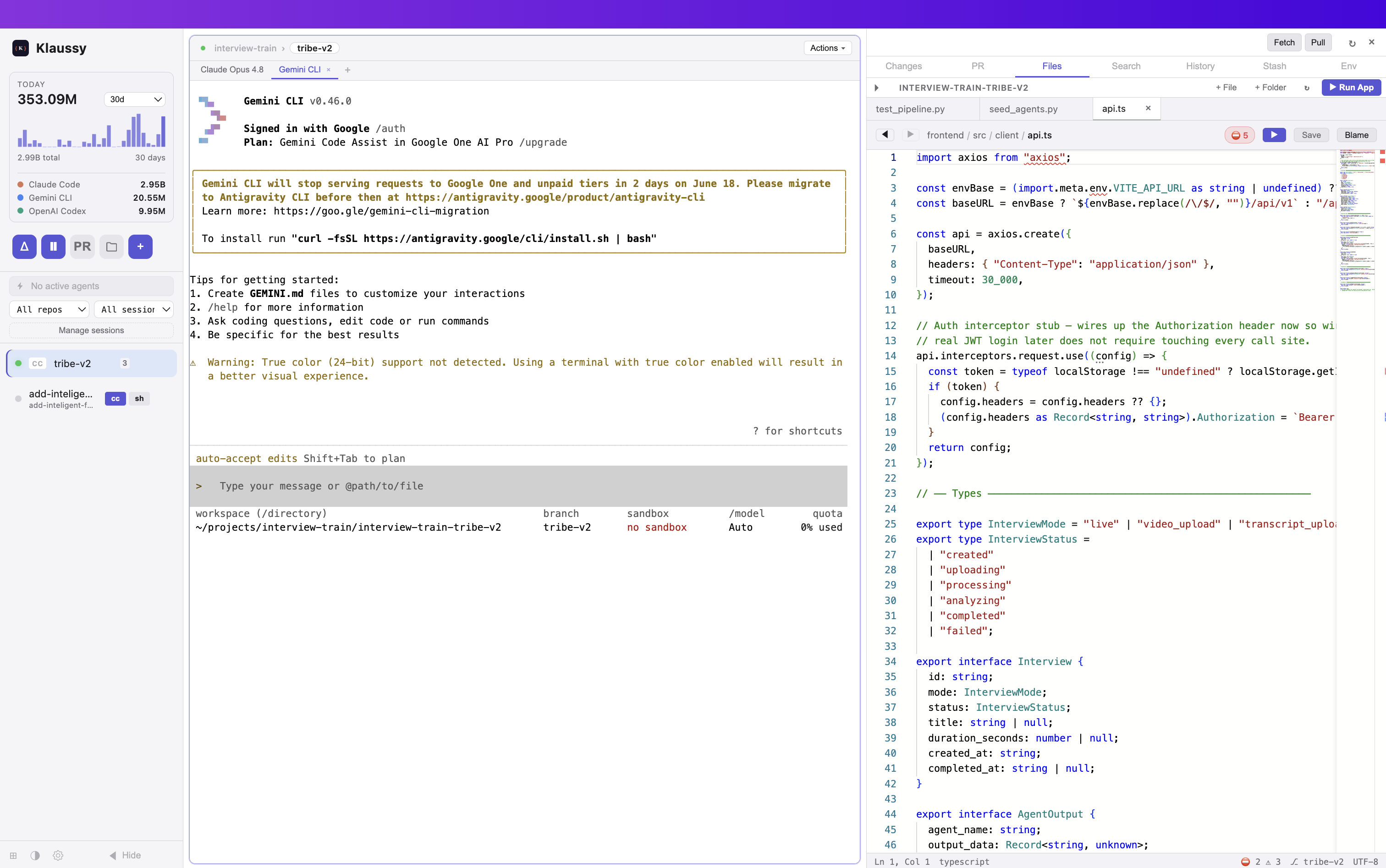 Klaussy with a Gemini CLI session on the left and the built-in code editor open on api.ts — with a minimap and inline diagnostics — on the right.