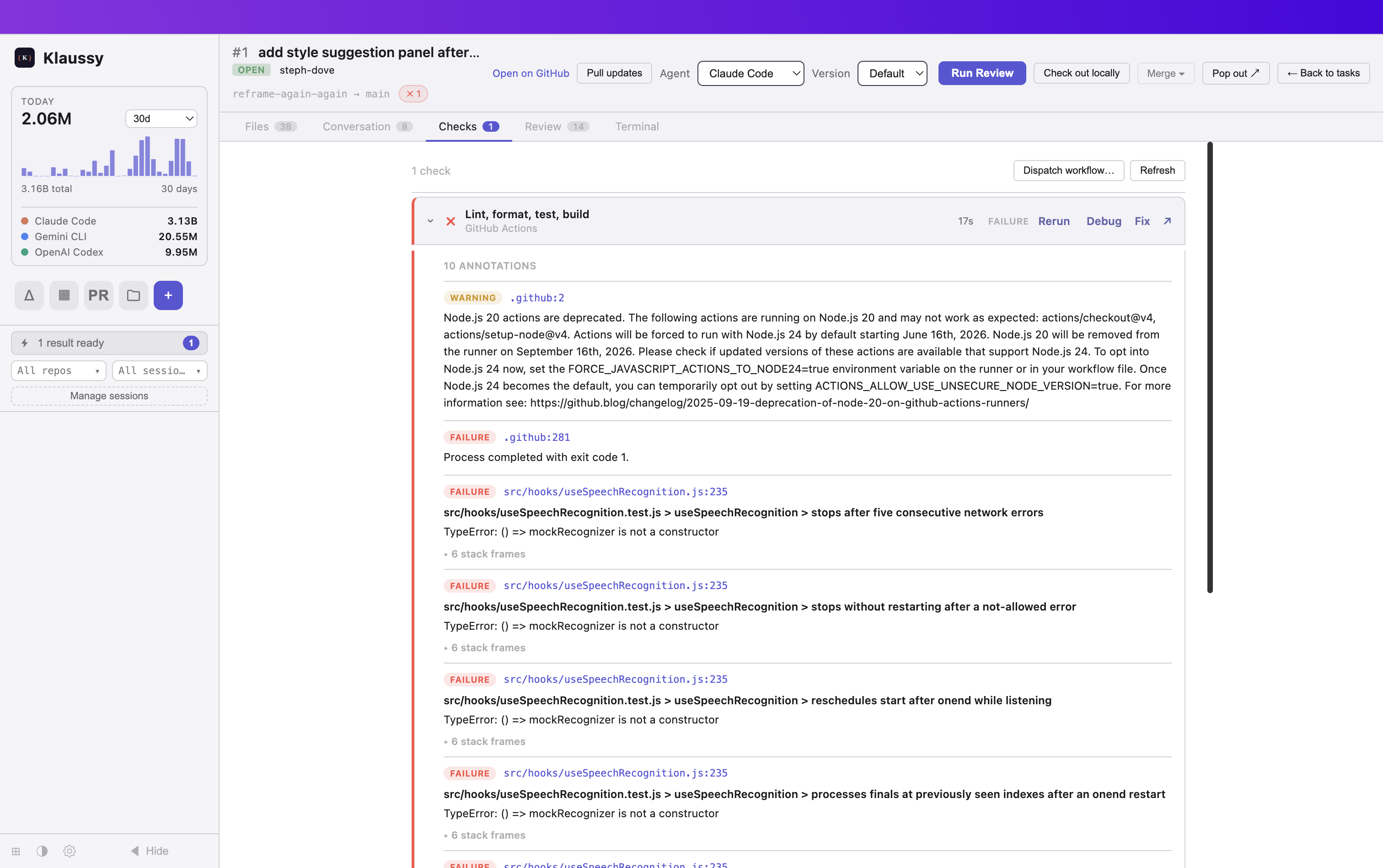 Klaussy's Checks tab showing 10 annotations for a failing 'Lint, format, test, build' run: a Node.js 20 deprecation warning, a 'Process completed with exit code 1' failure, and several test failures in src/hooks/useSpeechRecognition.test.js each with a 'TypeError: () => mockRecognizer is not a constructor' message and expandable stack frames.
