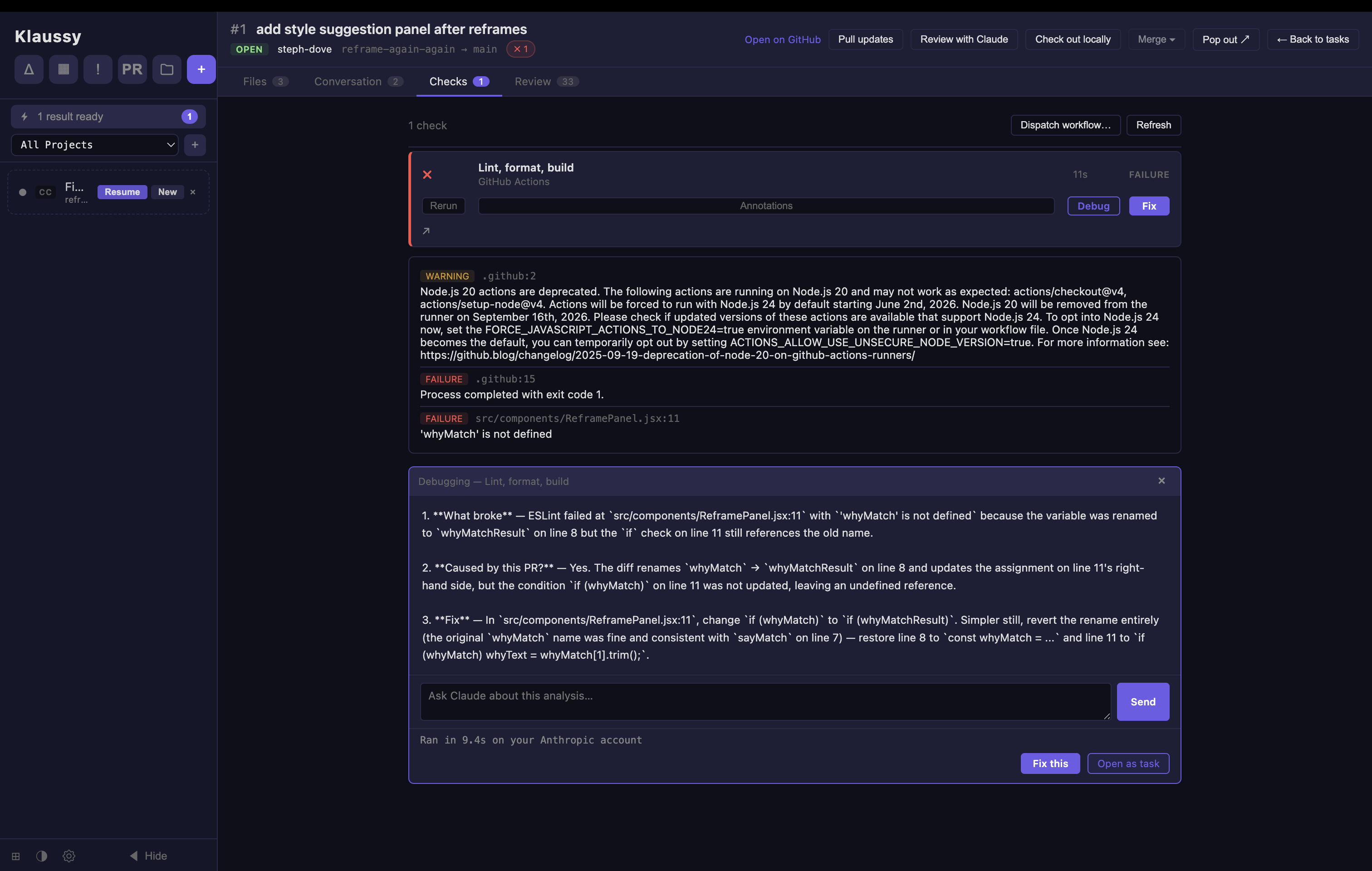 Klaussy's Checks tab showing a failing 'Lint, format, build' run with its file:line annotations expanded. Below, the Debug panel shows Claude's three-part analysis (what broke, caused-by-this-PR, fix) and a chat composer for follow-up questions, plus 'Fix this' and 'Open as task' buttons.