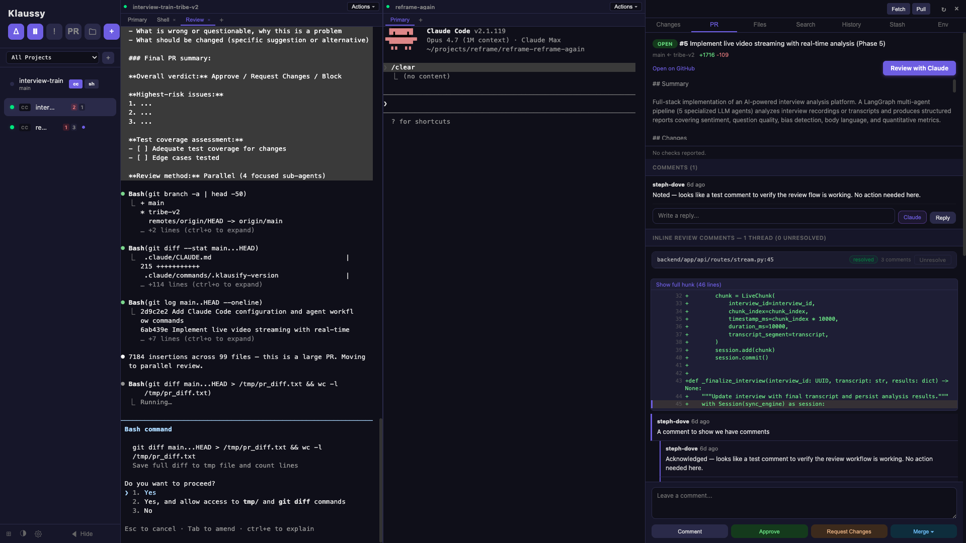 Klaussy with parallel Claude Code terminals, a Review action in flight on the left, and a GitHub PR review surface on the right showing inline comment threads.