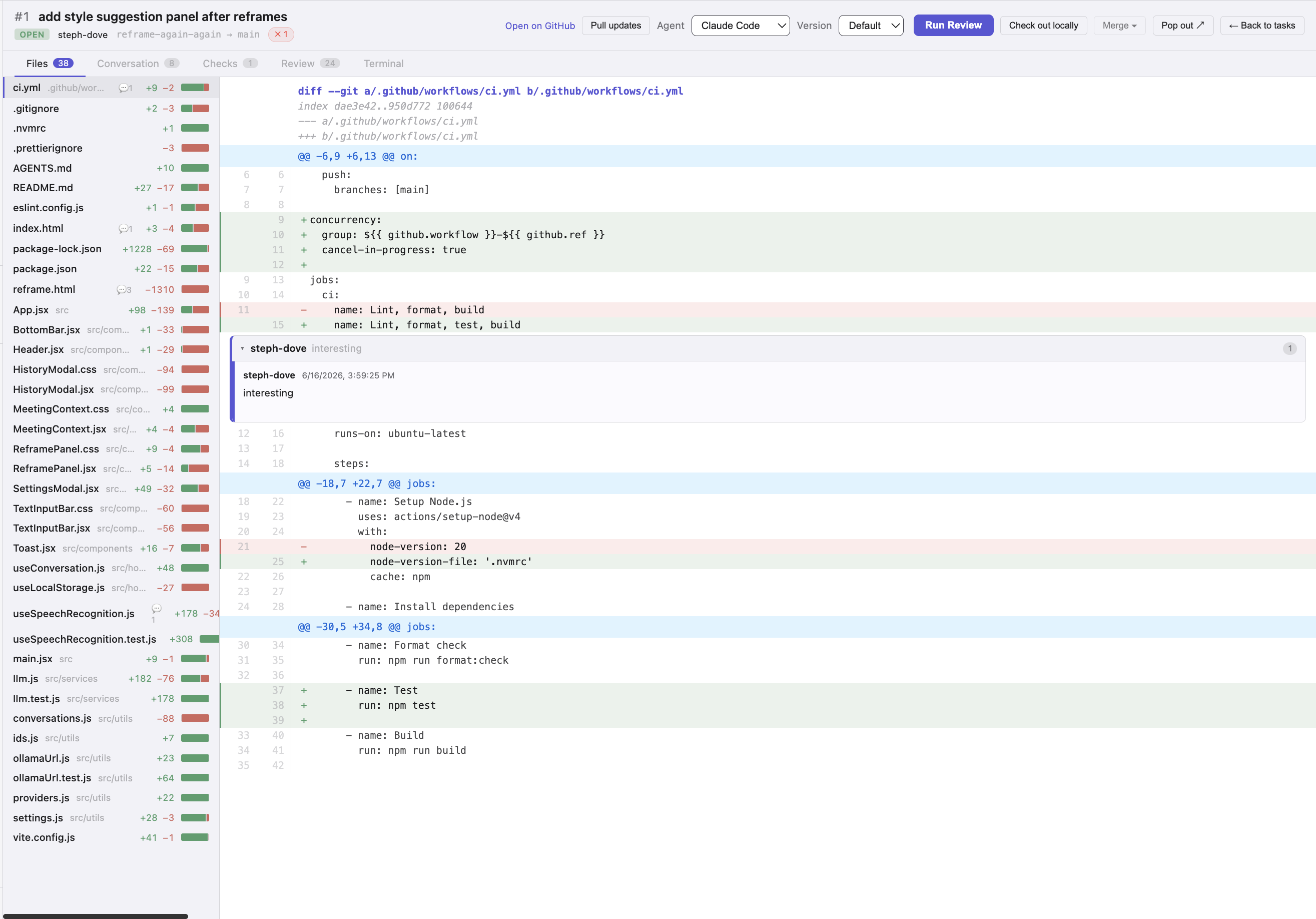 The Files tab of a pull request: the left rail lists 38 changed files with per-file plus/minus bars; the main pane shows the .github/workflows/ci.yml diff with an inline comment thread.